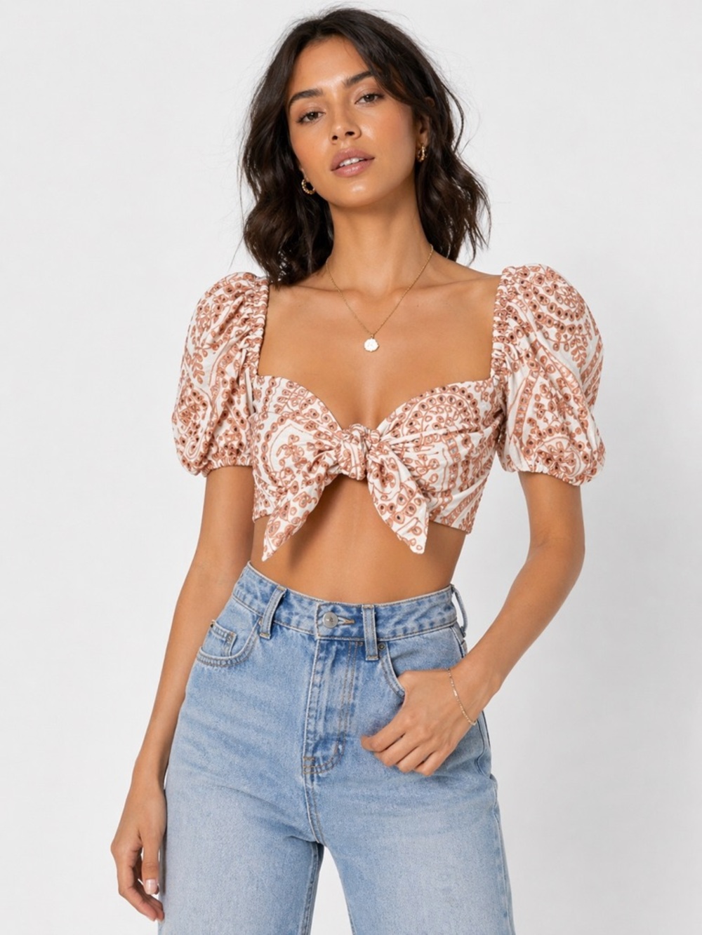 Bardot Eyelet Tie Front Crop Top Puff Sleeve White Tan Embroidered Boho EUC S - Picture 1 of 13